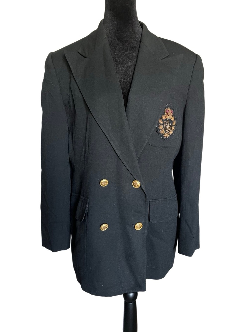 Vtg Lauren Ralph Lauren Double Breasted Blazer Jacket Black Embroidered Crest 14